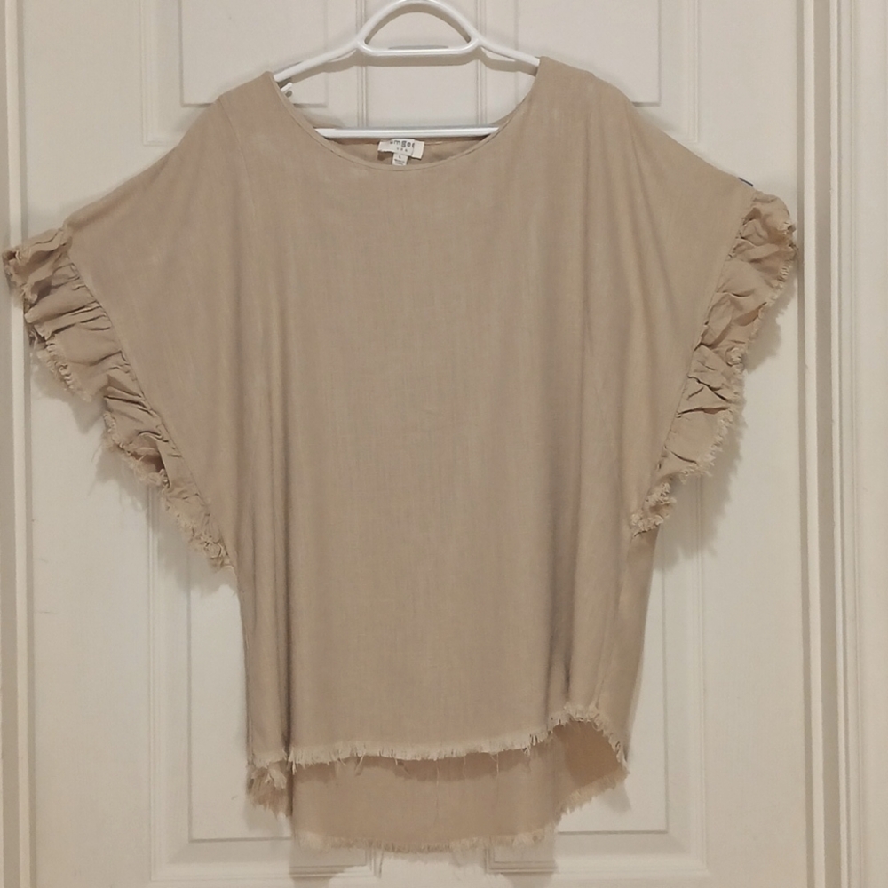 Umgee Tan Linen Blend With Fringe Sleeves SZ LG